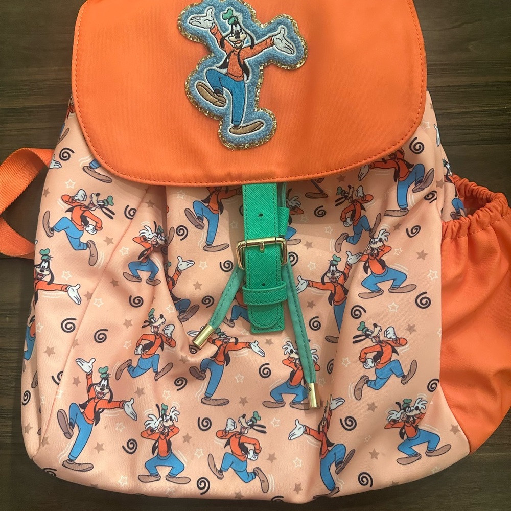 Stoney Clover Lane Orange Peach Goofy Print Backpack with Green Strap